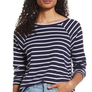 Caslon Raglan Cotton Blend Navy and White Long Sleeve Striped Top NWT